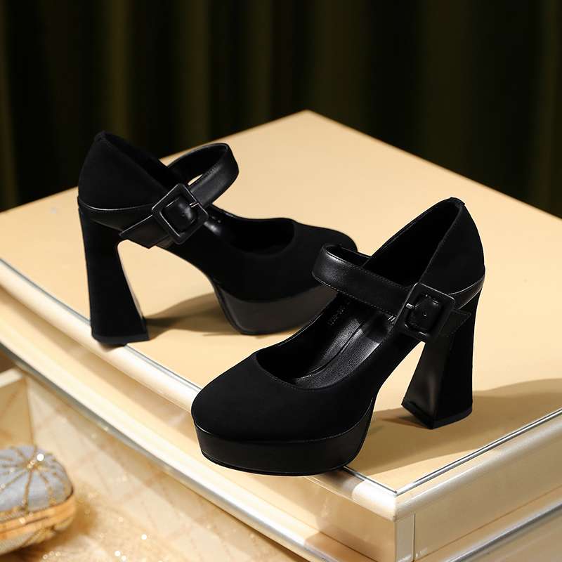 ハイヒール スエード調厚底アンクルストラップパンプス