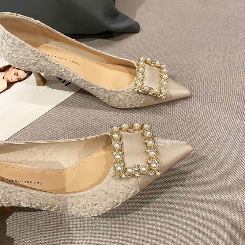 ハイヒール パール飾り付きレース柄パンプス