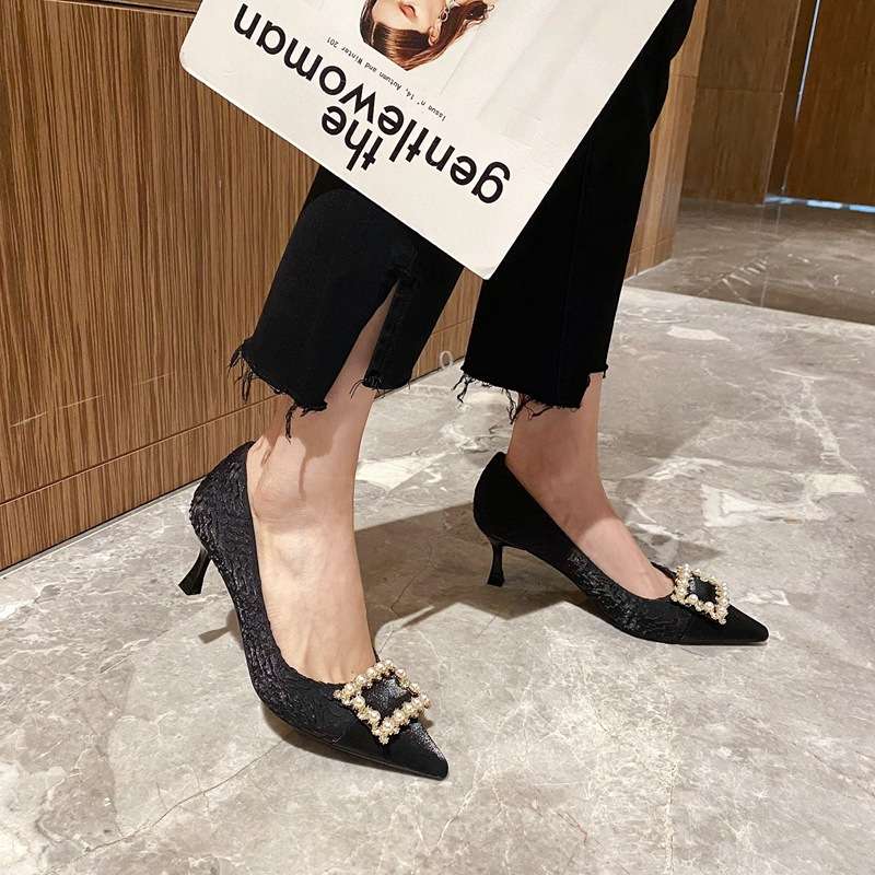 ハイヒール パール飾り付きレース柄パンプス