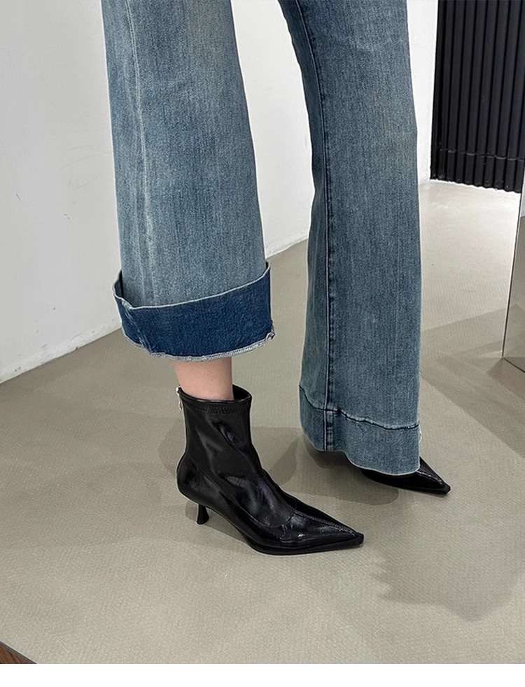 ハイヒール シンプルポインテッドミドルヒールブーツ