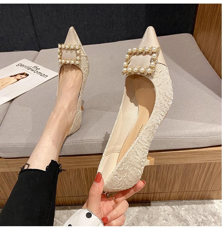 ハイヒール パール飾り付きレース柄パンプス