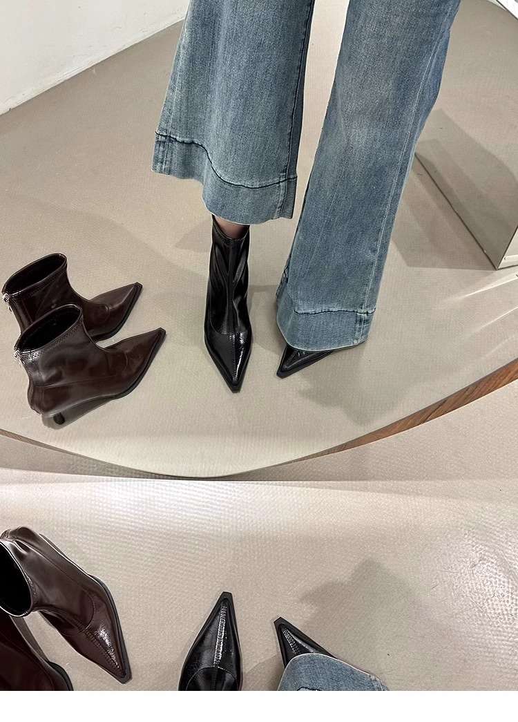 ハイヒール シンプルポインテッドミドルヒールブーツ