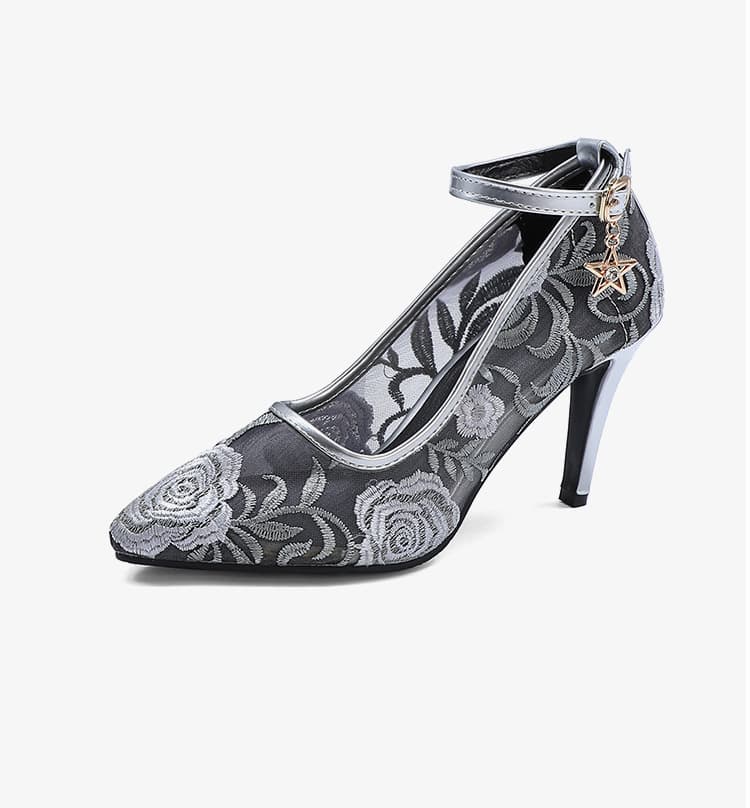 ハイヒール レース柄アンクルストラップヒール