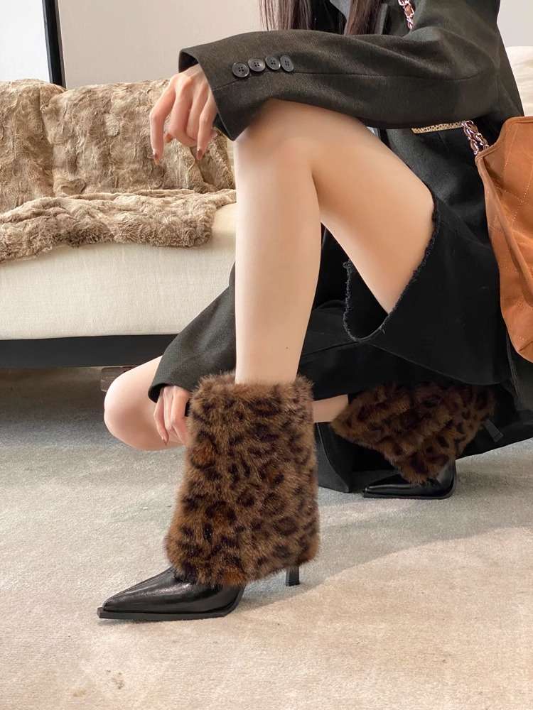 ハイヒール ふわもこファー付きショートブーツ