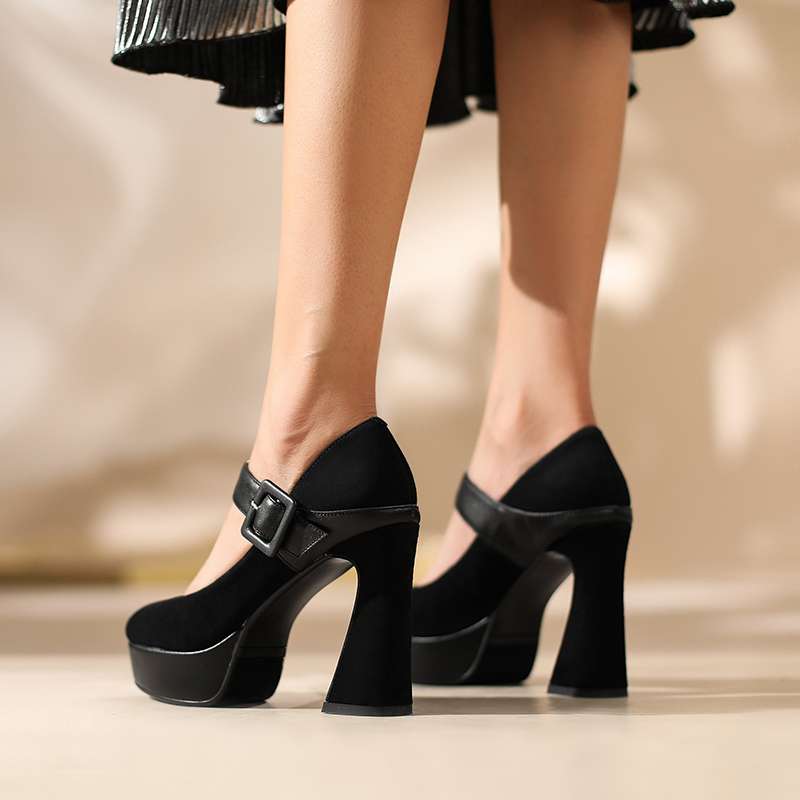 ハイヒール スエード調厚底アンクルストラップパンプス