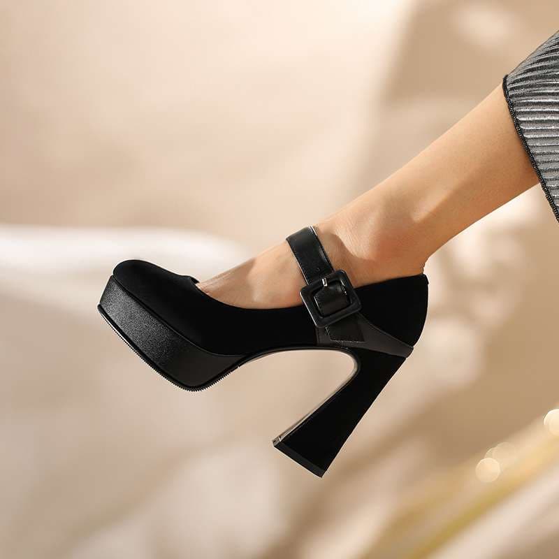 ハイヒール スエード調厚底アンクルストラップパンプス