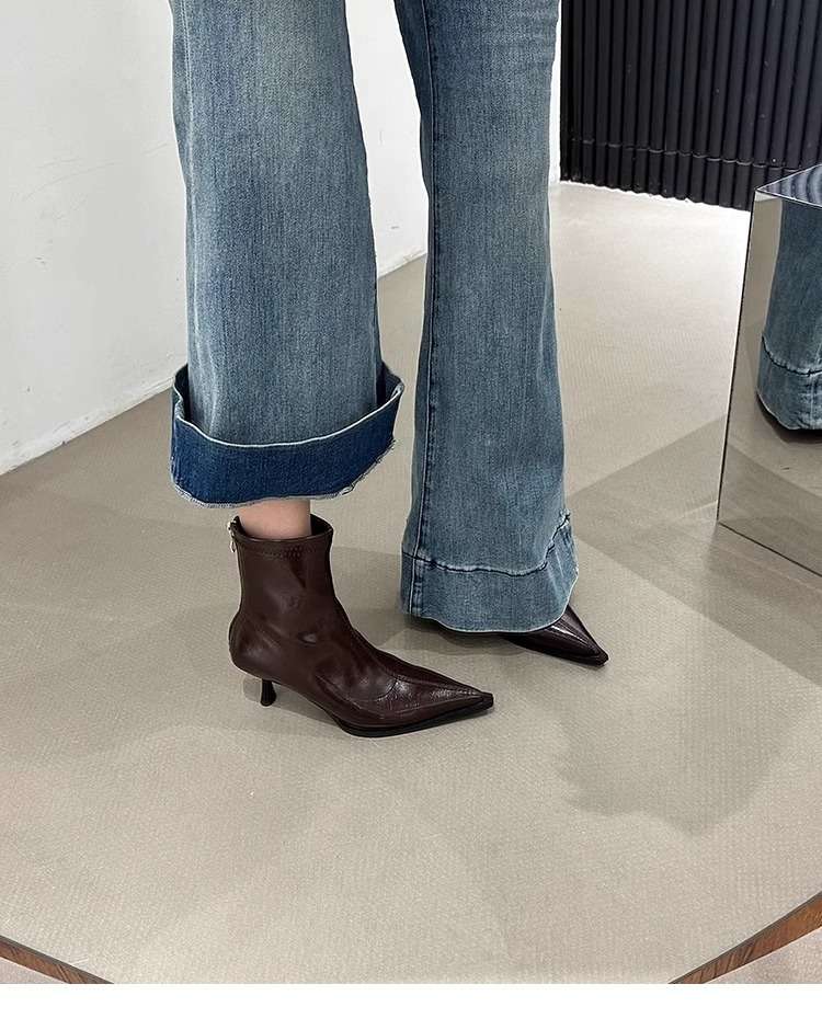 ハイヒール シンプルポインテッドミドルヒールブーツ