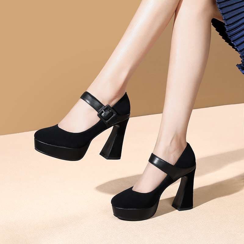 ハイヒール スエード調厚底アンクルストラップパンプス