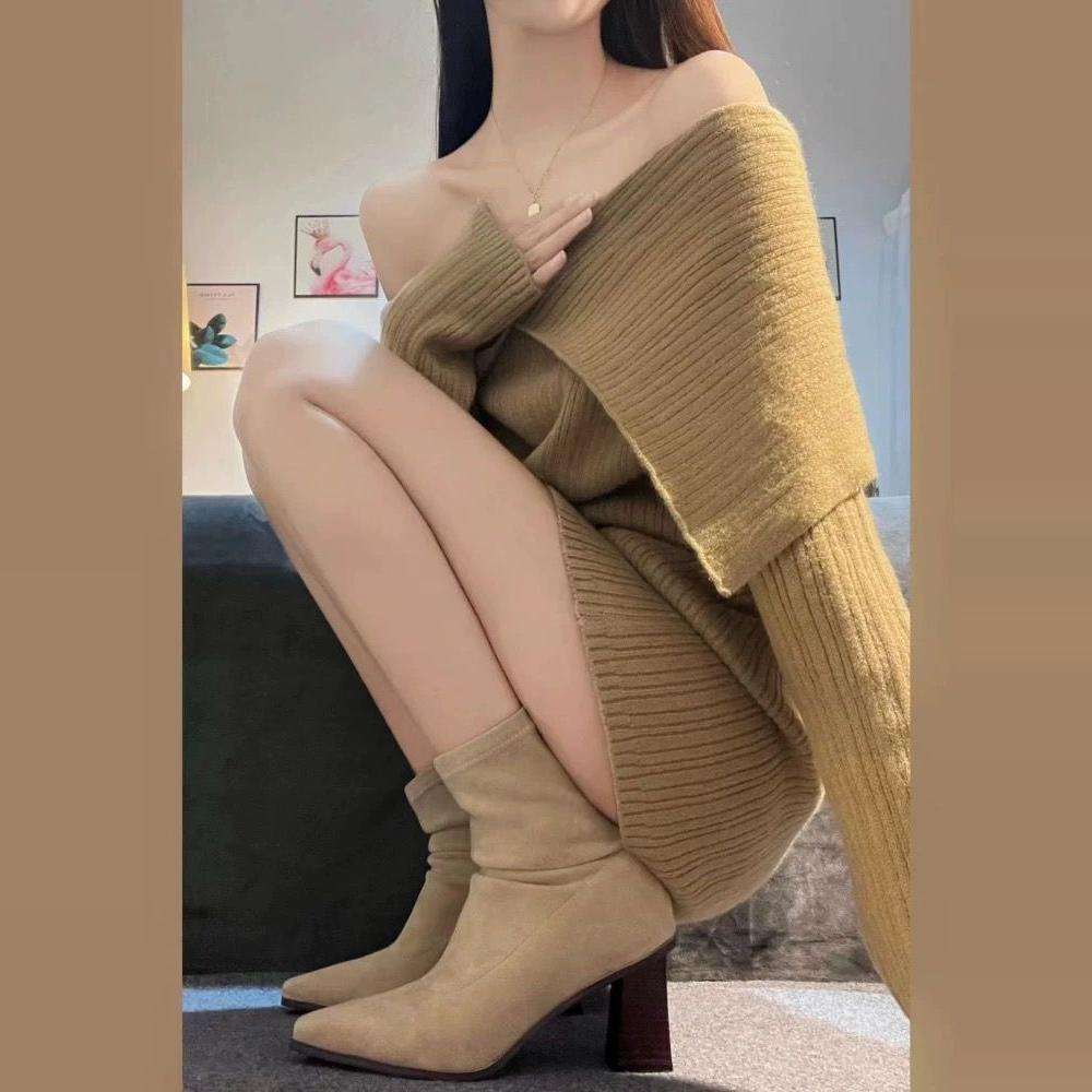 ハイヒール 上質スエード調 すっきりロングブーツ