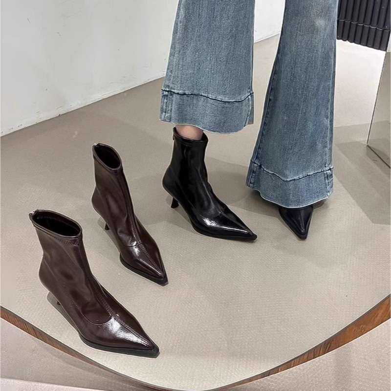 ハイヒール シンプルポインテッドミドルヒールブーツ