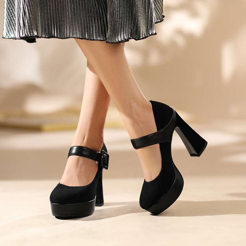 ハイヒール スエード調厚底アンクルストラップパンプス