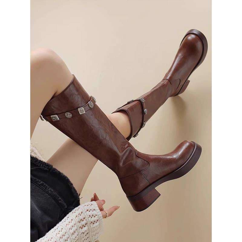ハイヒール 上品メタルデザイン ロングブーツ